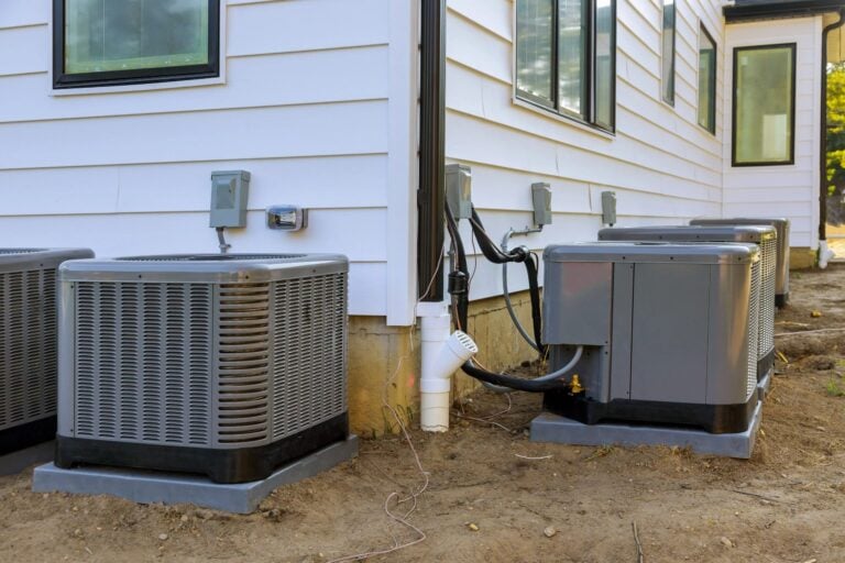 Outdoor heat pump and air conditioning units on concrete pads beside a building