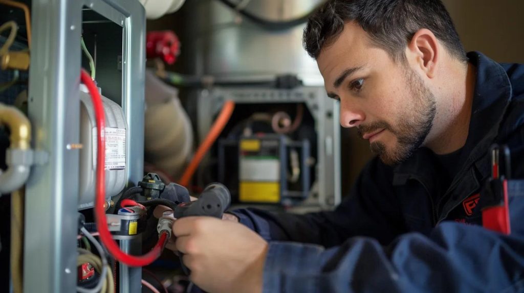 HVAC technician performing maintenance on a furnace, inspecting components and connections for optimal winter performance and efficiency.