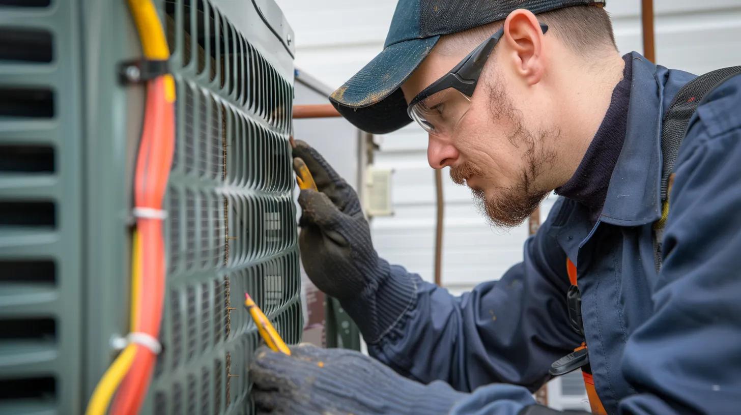 technician fixing a failing heatpump