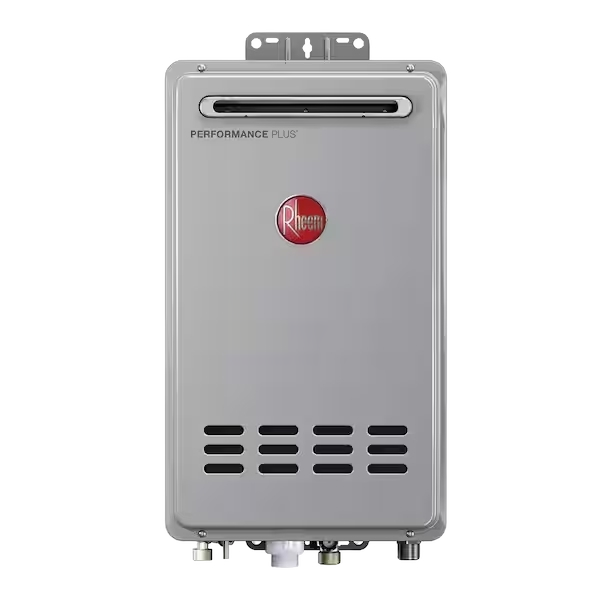 Tankless water heater model from Rheem, featuring a sleek design, energy-efficient technology, and on-demand hot water capabilities, relevant for home heating solutions in Modesto.