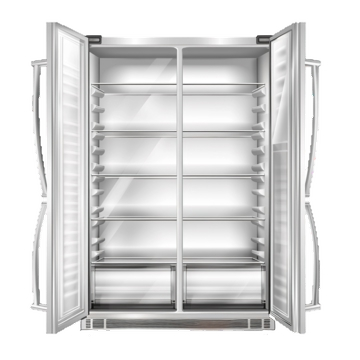 Commercial refrigerator with double doors, empty shelves, and a focus on energy efficiency for food service businesses in Modesto, CA.