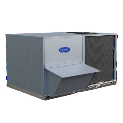 Rooftop HVAC unit by Carrier, showcasing compact design for efficient heating and cooling in commercial settings.