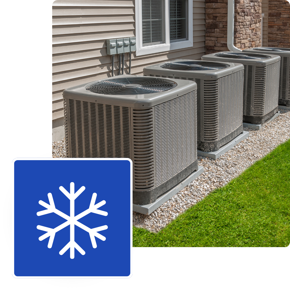 Air conditioning units installed outside a home, featuring a snowflake icon, symbolizing cooling services offered by Dycus Heating & Air Conditioning in Manteca, CA.