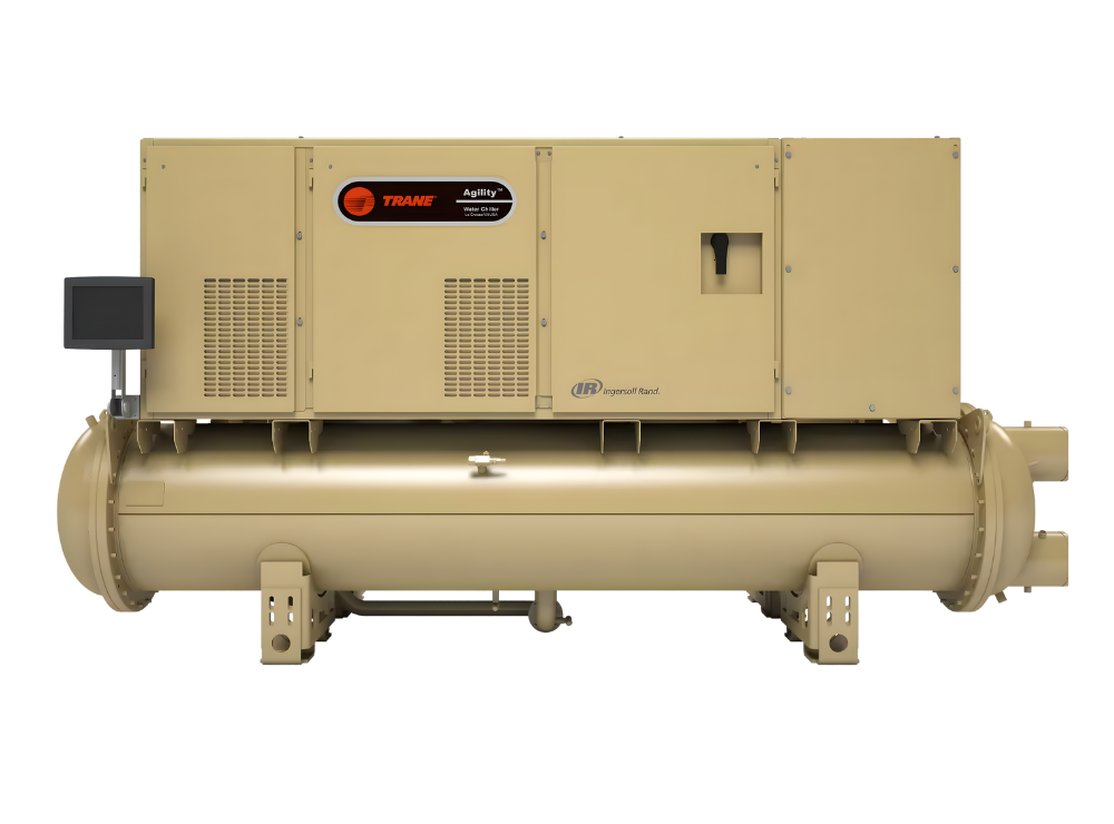 Trane Agility water-cooled chiller, central cooling solution for commercial HVAC systems, designed for energy efficiency and reliability in large facilities.
