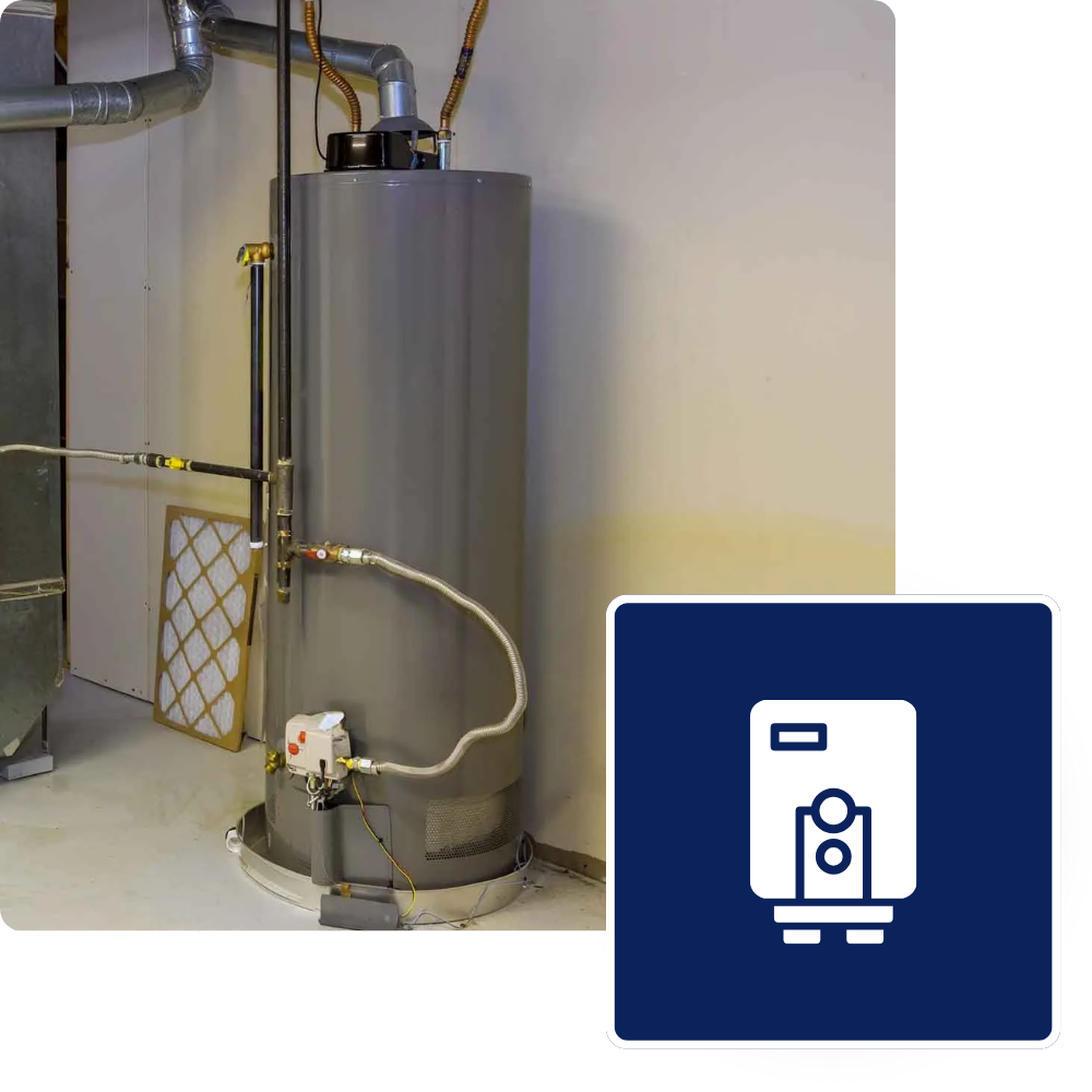 Water heater installation featuring a traditional tank system, with visible plumbing connections and a service icon, relevant to Dycus Heating & Air Conditioning's water heater services in Manteca, CA.