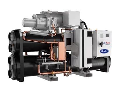 Commercial HVAC water pump system with Carrier branding, showcasing essential components for hydronic heating and cooling efficiency in commercial buildings.