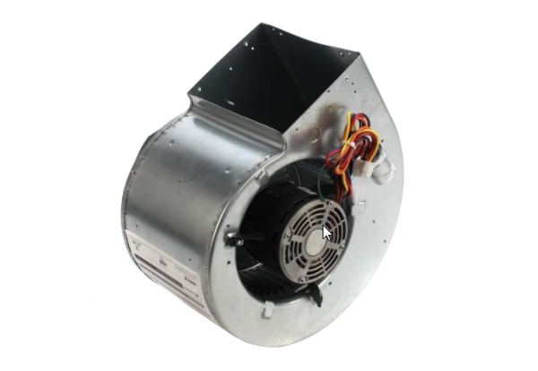 Blower unit for commercial HVAC systems, featuring metal casing and internal motor, illustrating airflow efficiency and temperature distribution in business environments.