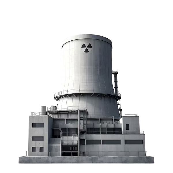Cooling tower structure for managing heat in commercial HVAC systems, featuring a prominent nuclear symbol, relevant to Modesto HVAC services for data centers and industrial facilities.