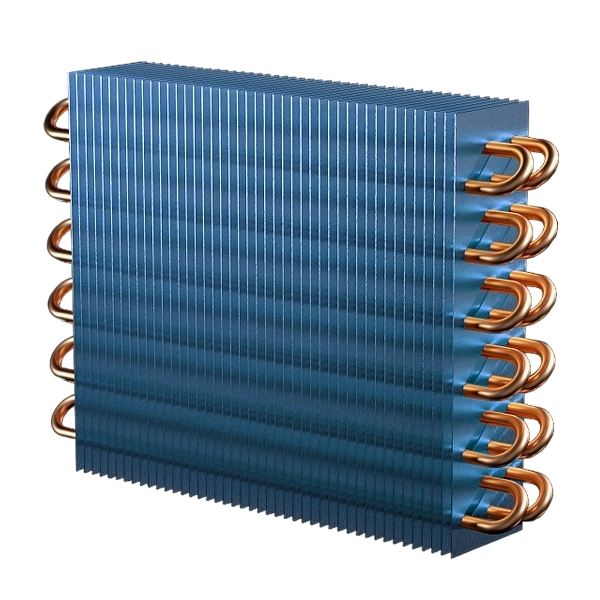 Heat exchanger unit with copper connections, essential for efficient temperature control in commercial HVAC systems, supporting operational efficiency in offices and retail spaces.