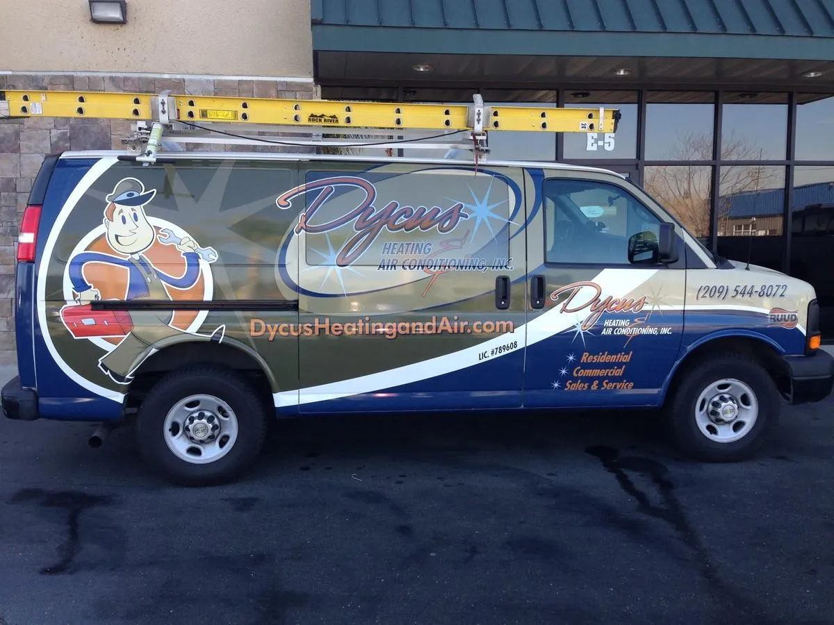 Dycus Heating and Air Conditioning work truck used by the small business service technicians in Modesto, CA
