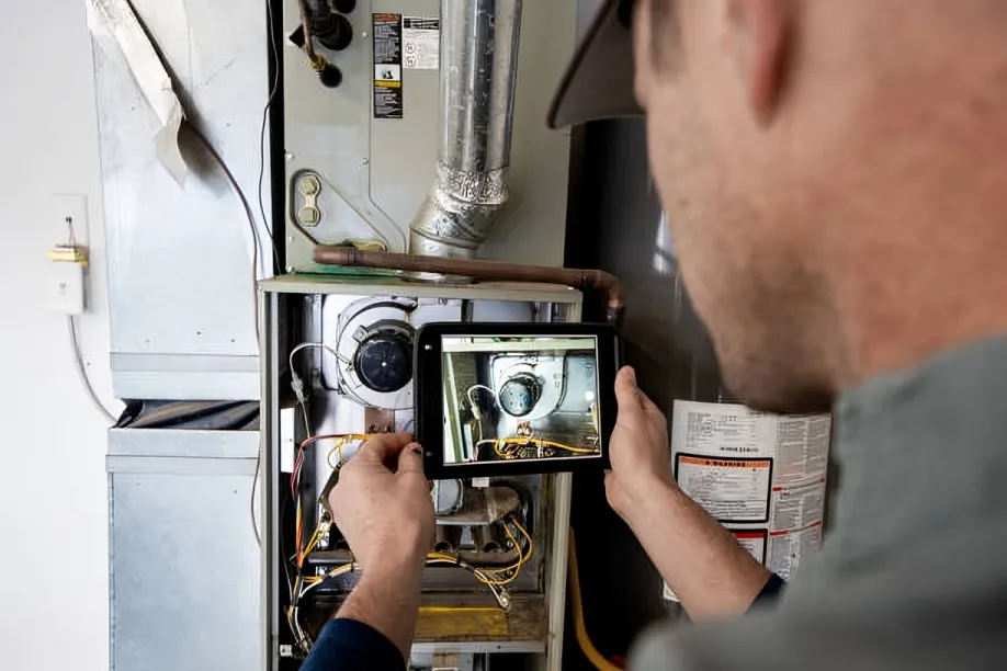 Technician inspecting furnace components using a tablet, showcasing Dycus Heating and Air Conditioning's expertise in furnace installation and replacement services in Modesto, CA.