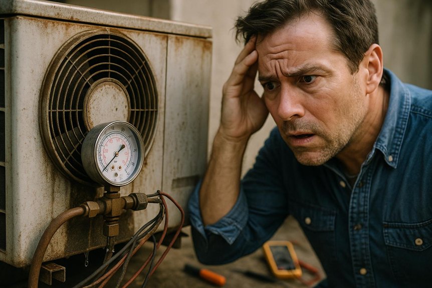 Man inspecting a malfunctioning air conditioning compressor, showing concern, with a pressure gauge visible, emphasizing signs of potential AC failure.