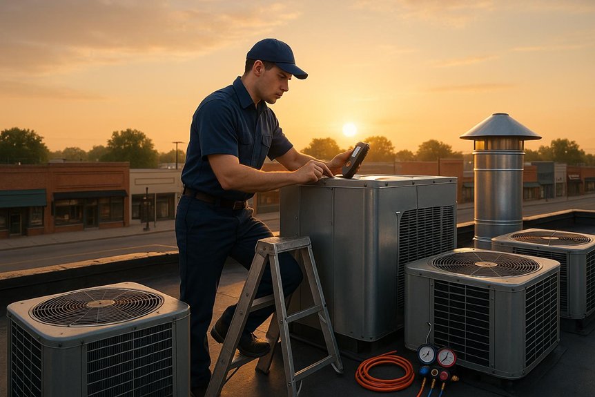 HVAC technician performing maintenance on commercial air conditioning unit on rooftop during sunset, highlighting importance of quarterly HVAC maintenance for small businesses in Modesto, CA.