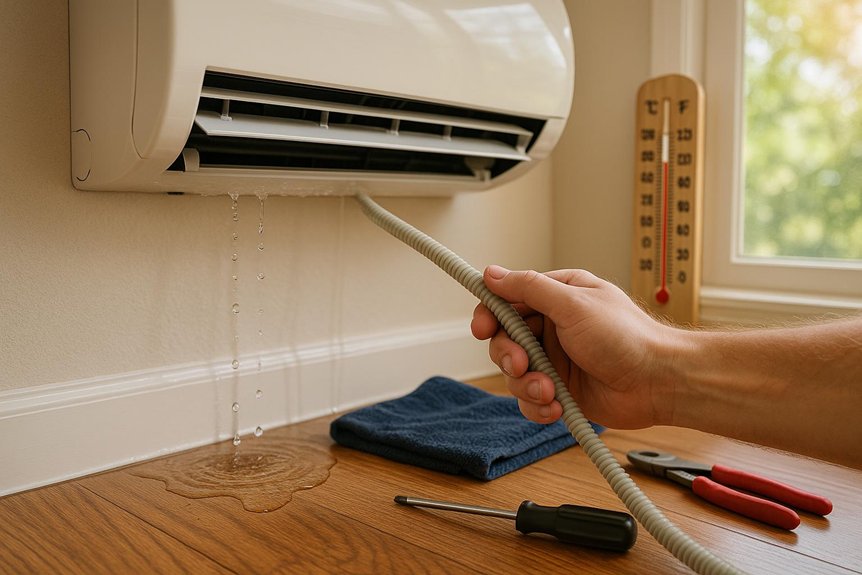 Hand holding a condensate line from an air conditioning unit, with water leaking onto hardwood floor, tools and a towel nearby, illustrating common AC leak issue in Modesto, CA.