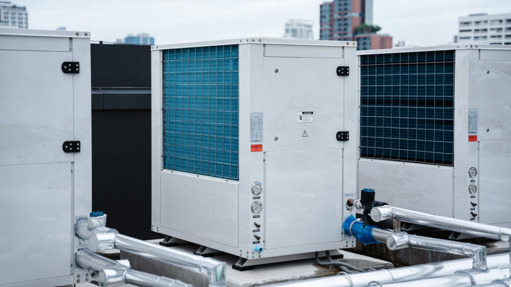 Commercial VRF outdoor units on a clubhouse roof, Del Rio Country Club HVAC project by Dycus Heating and Air Conditioning near Modesto, CA