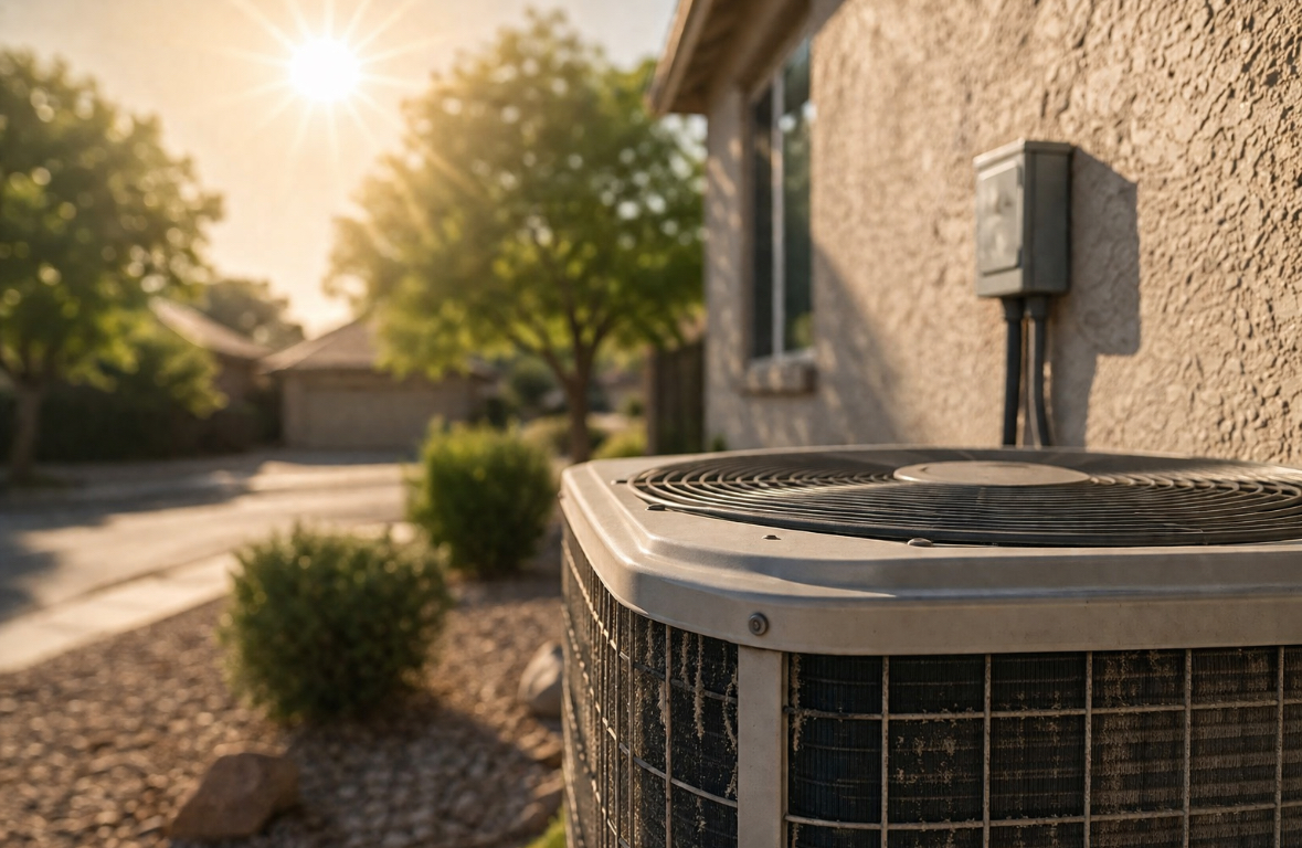 Air conditioning unit outdoors in sunlight, surrounded by residential landscaping, emphasizing HVAC maintenance and emergency preparedness.