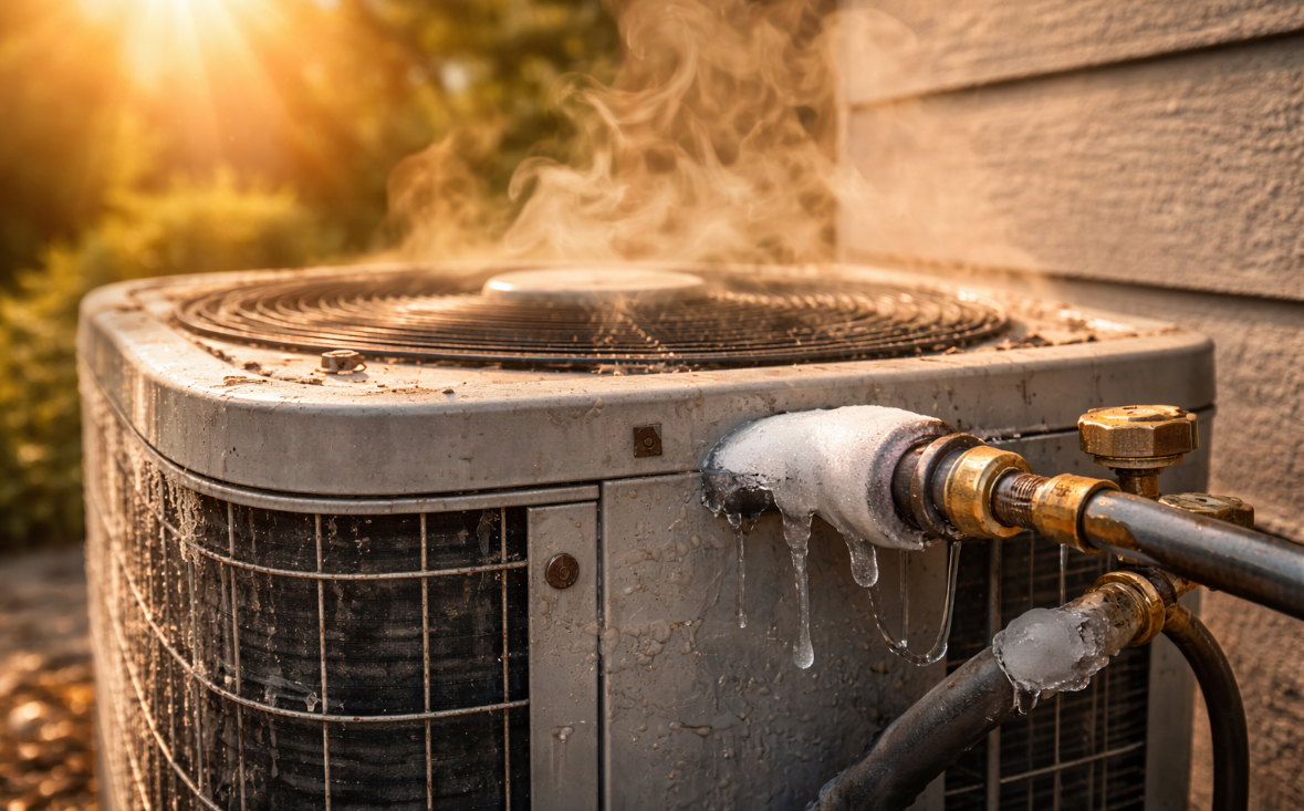 Air conditioning unit with condensation and steam, illustrating cooling system challenges in Modesto's extreme heat.