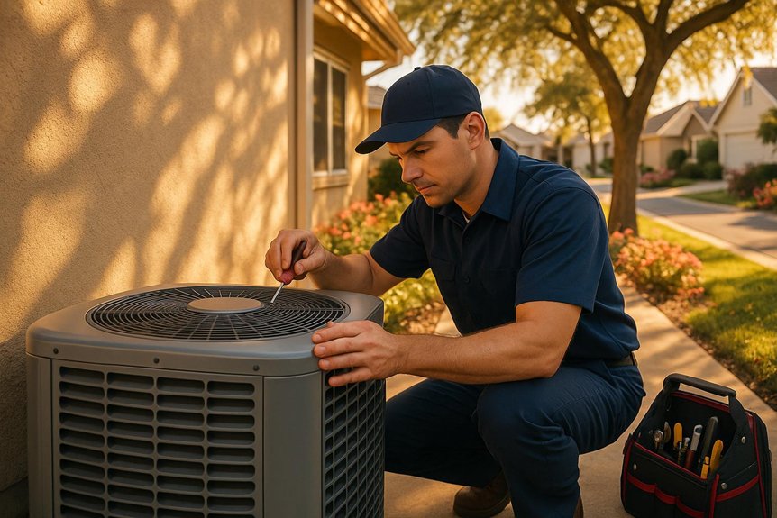 HVAC technician performing maintenance on an air conditioning unit outside a home in Modesto, highlighting the importance of local expertise in HVAC services.