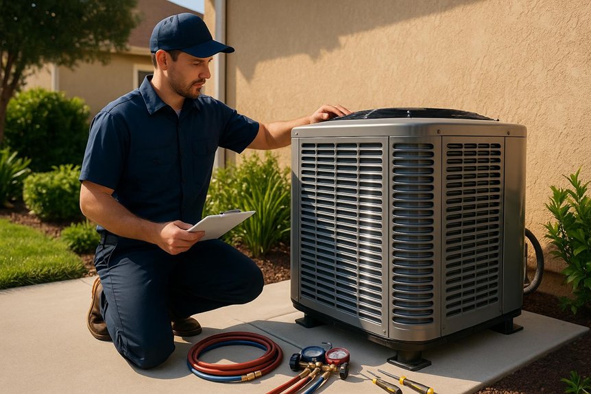 Technician inspecting residential air conditioning unit with tools and hoses in Modesto, emphasizing HVAC installation expertise.