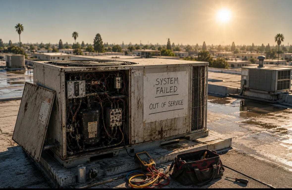 Commercial HVAC unit labeled "System Failed, Out of Service" on a rooftop in Modesto, with tools and testing equipment nearby, illustrating maintenance challenges during hot weather.