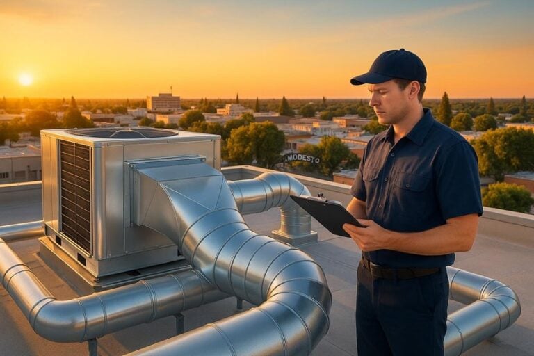 Technician checking a commercial rooftop unit before summer in Modesto, CA