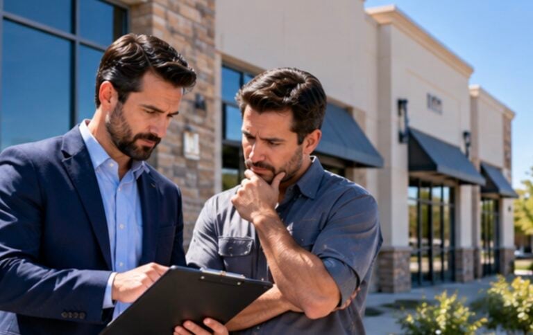 Property owner and tenant reviewing a lease on a clipboard outside a retail building, from the post on who pays for commercial HVAC repairs
