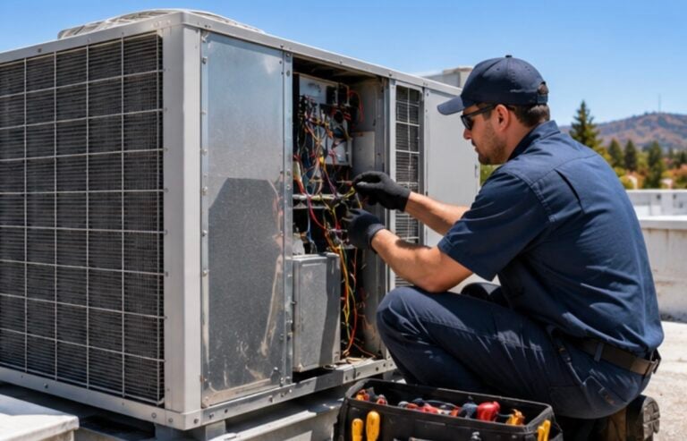 Commercial rooftop HVAC unit checked after a long Modesto summer before a replacement decision